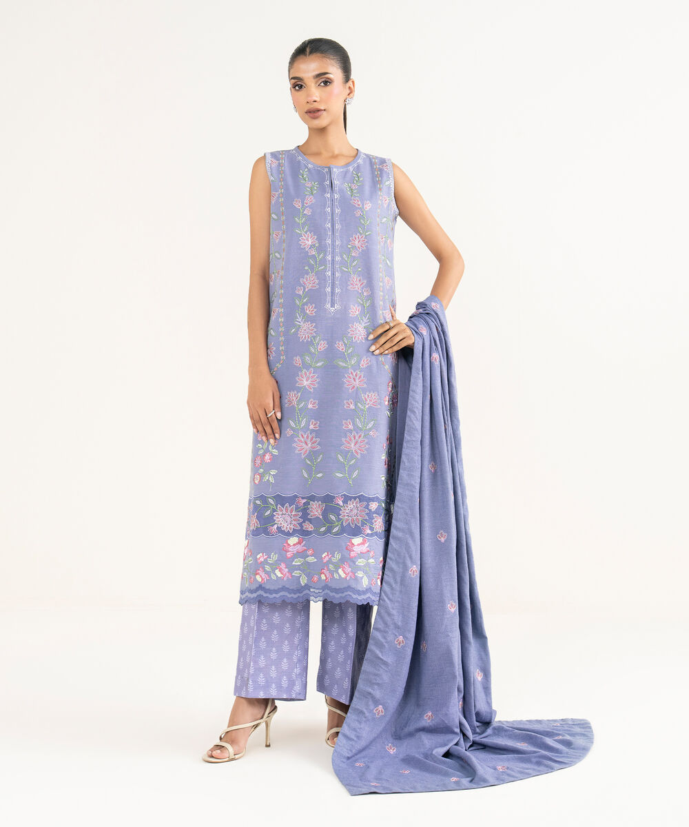 Women's Unstitched Lawn Embroidered Purple 3 Piece Suit