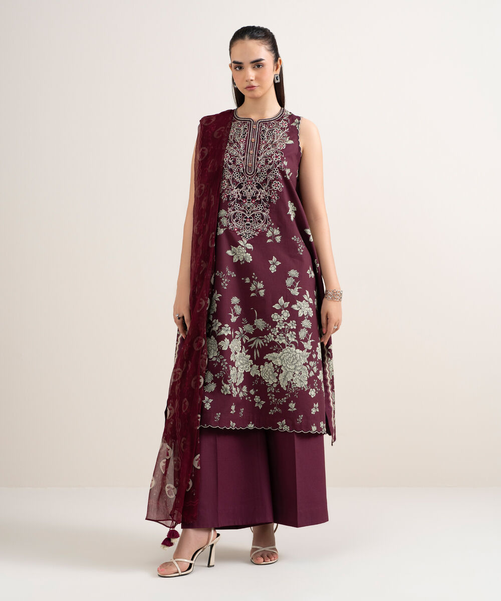 Women's Unstitched Cotton Embroidered Red
