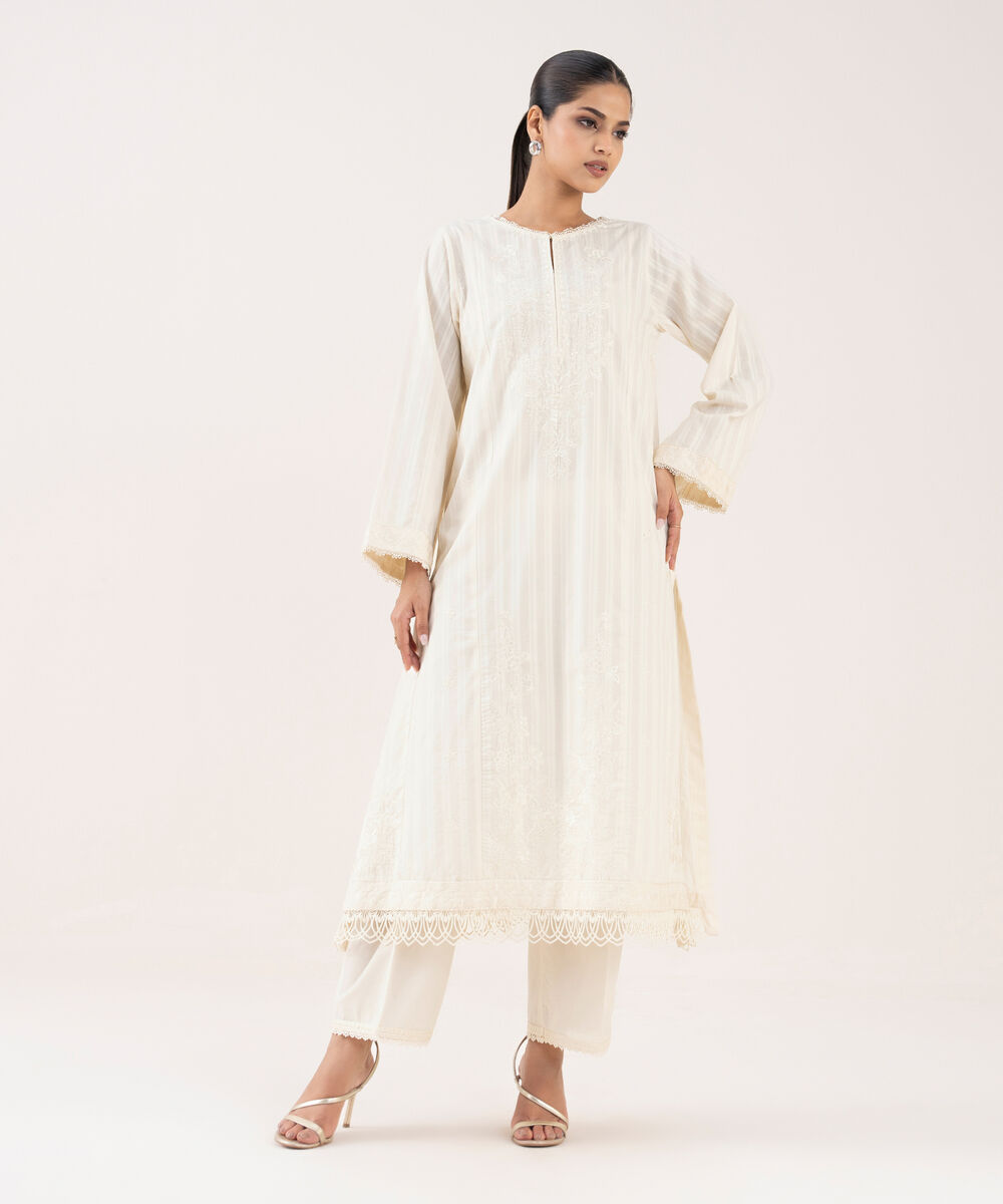 Women's RTW Textured Lawn Off White Embroidered A-Line Shirt