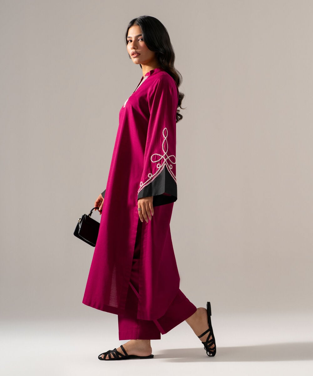 Women's RTW Cross Hatch Solid Embroidered Maroon Straight Shirt