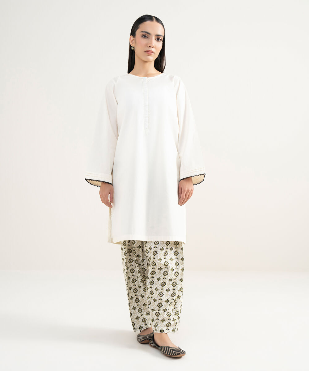 Women's RTW Lawn Solid Off White Straight Shirt