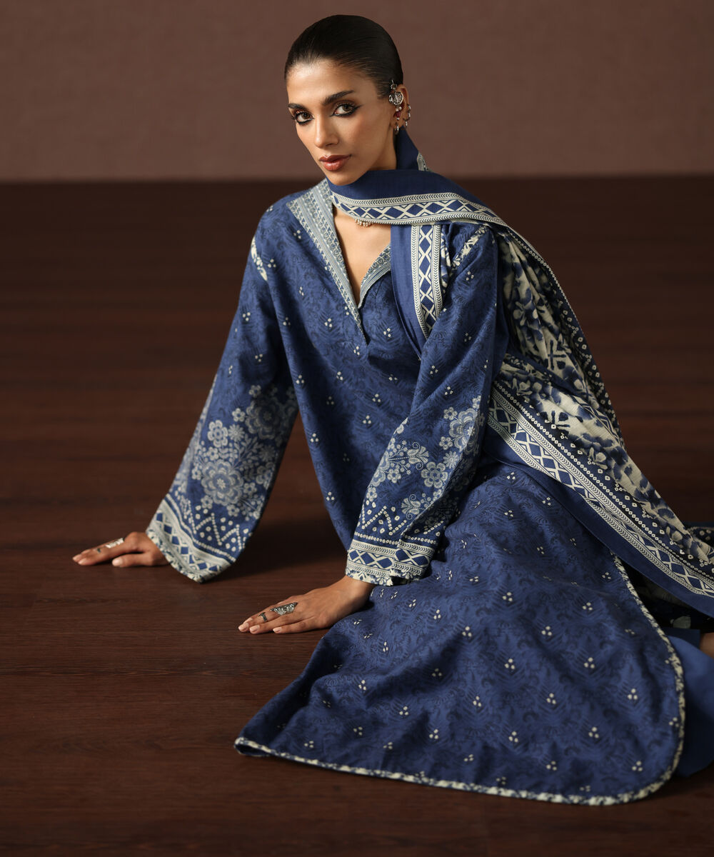Women's Unstitched Light Khaddar Printed Blue 3 Piece Suit