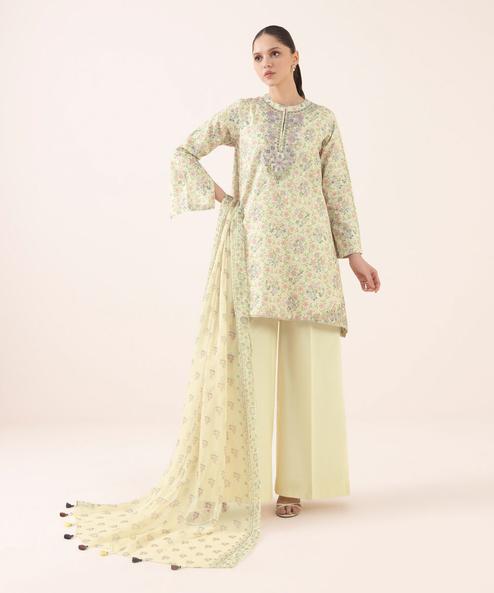 Women's Unstitched Cotton Embroidered Multi Three Piece Suit