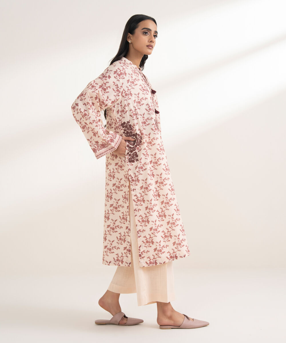 Women's RTW Cotton Embroidered Peach 3 Piece Suit