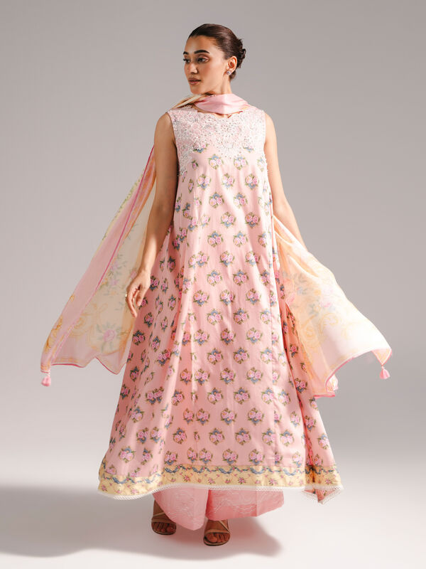 3 Piece - Embroidered Cotton Satin Suit