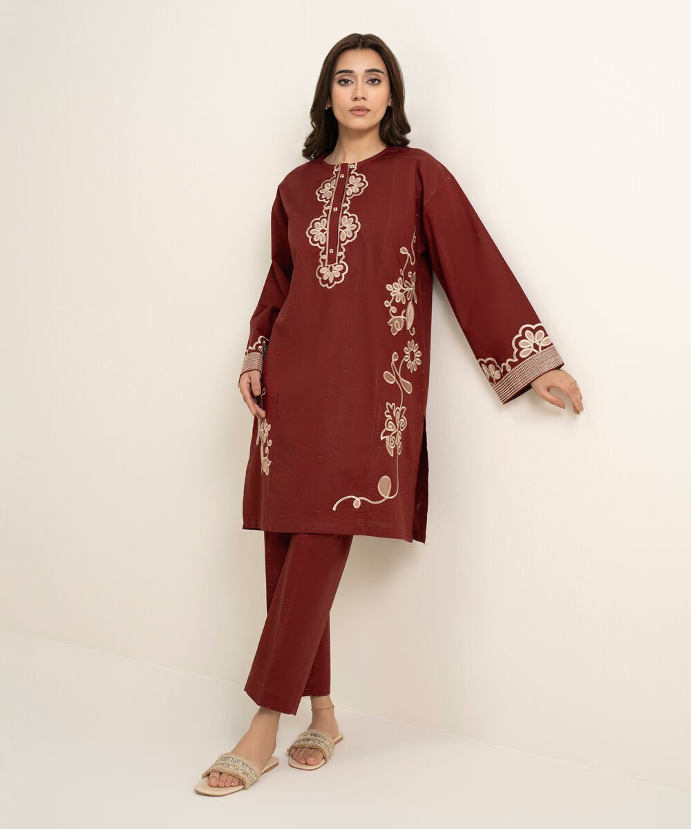Women's RTW Multi Neps Embroidered Maroon Boxy Shirt