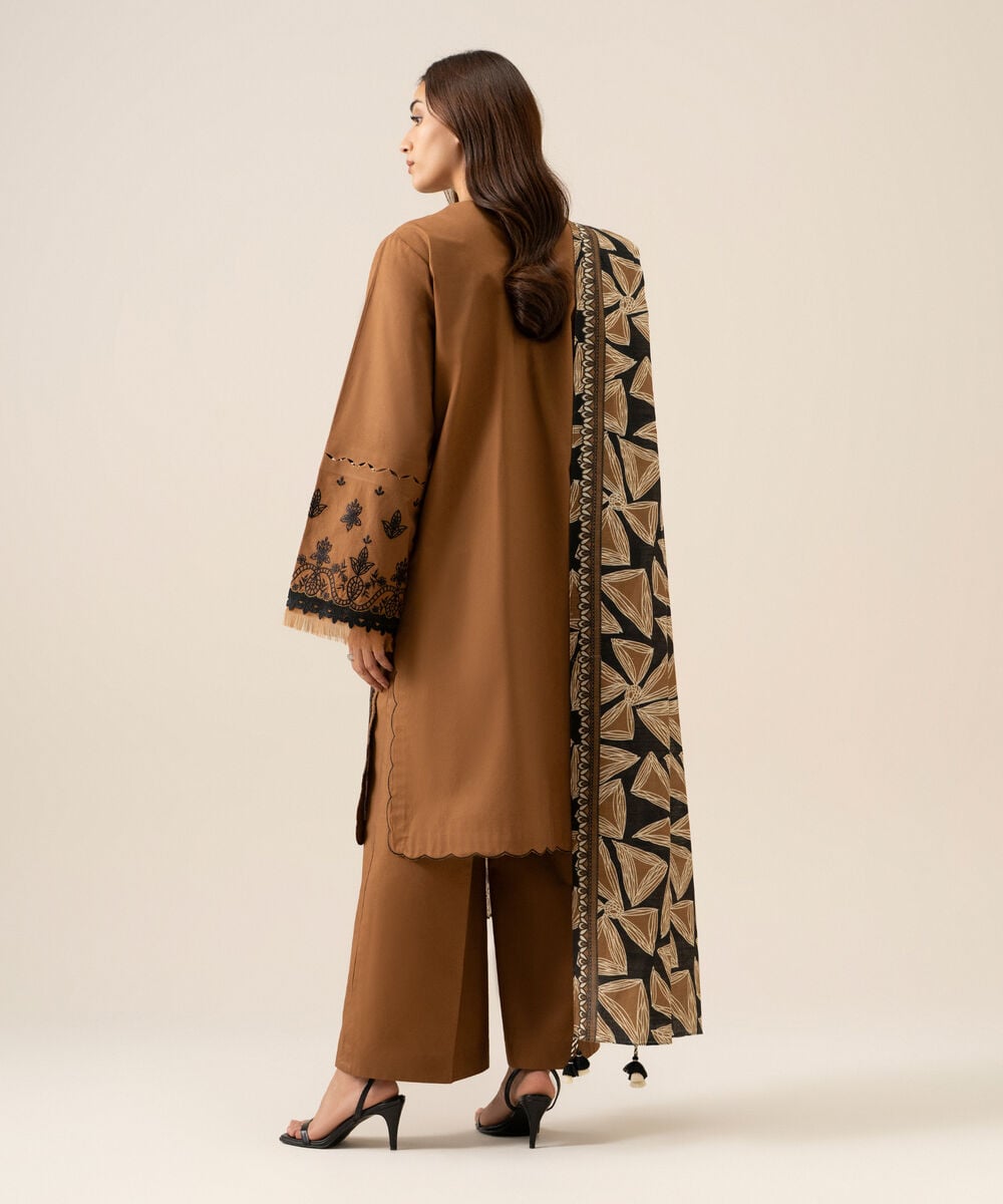 Women's Unstitched Basic Khaddar Embroidered Brown 3 Piece Suit