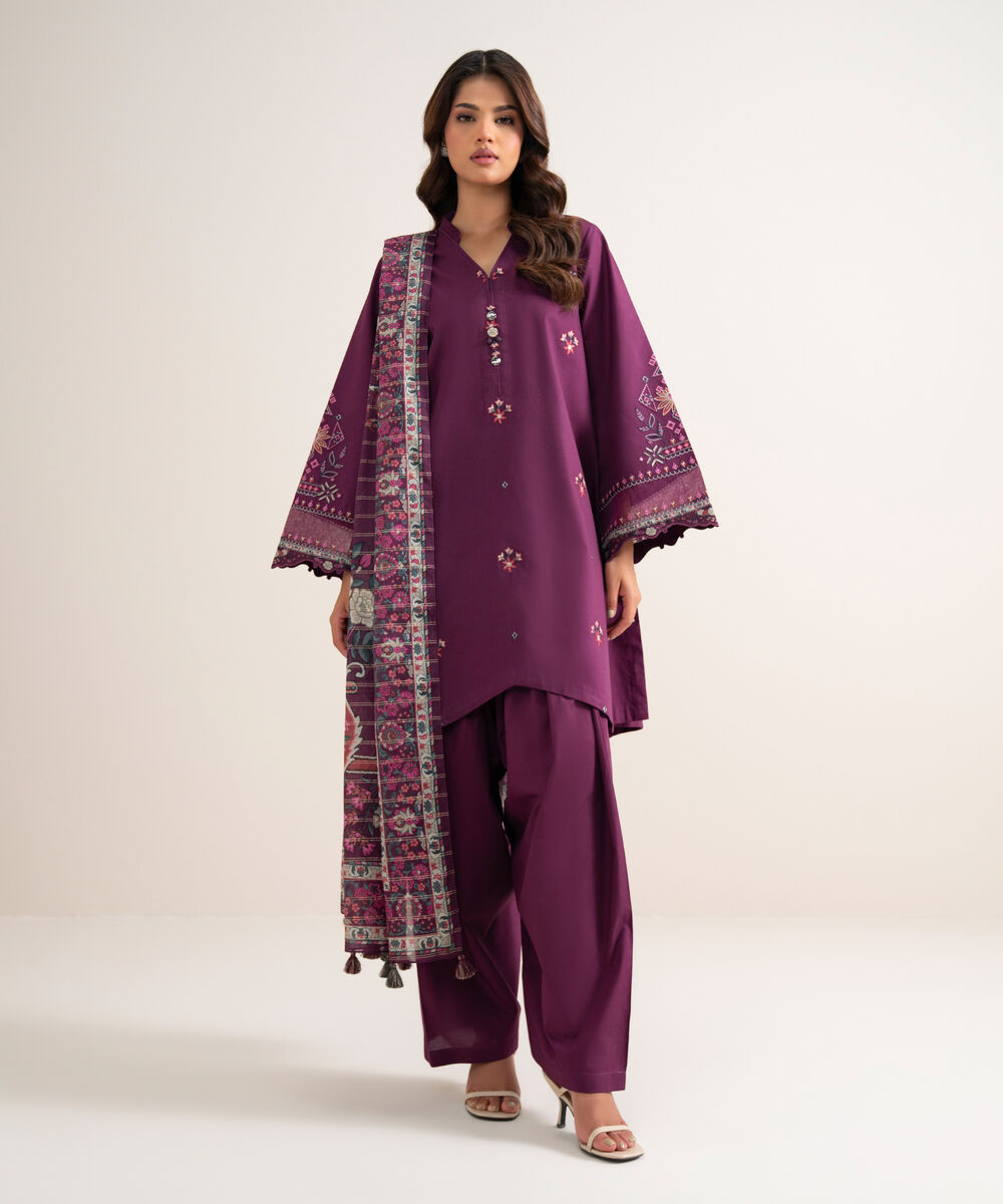Women's Unstitched Embroidered Cotton Purple 3 Piece Suit