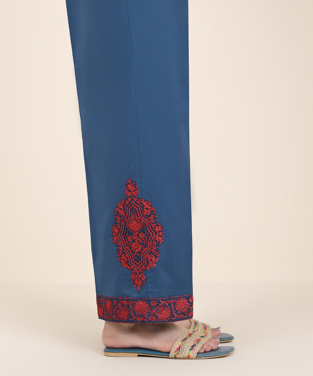 Women's RTW Cambric Blue Embroidered Straight Pants