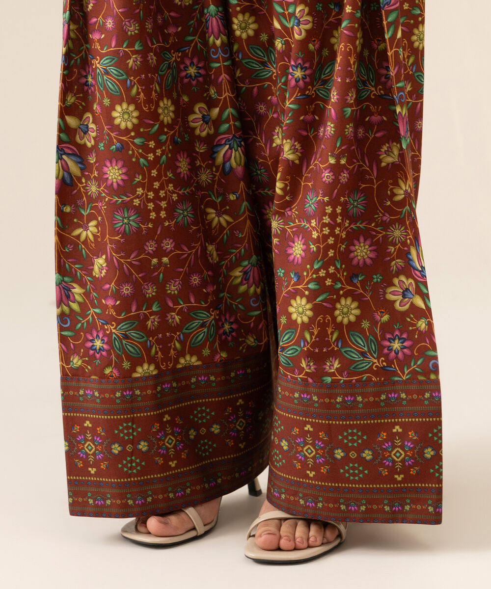 Women's Unstitched Cotton Printed Brown 2 Piece Suit