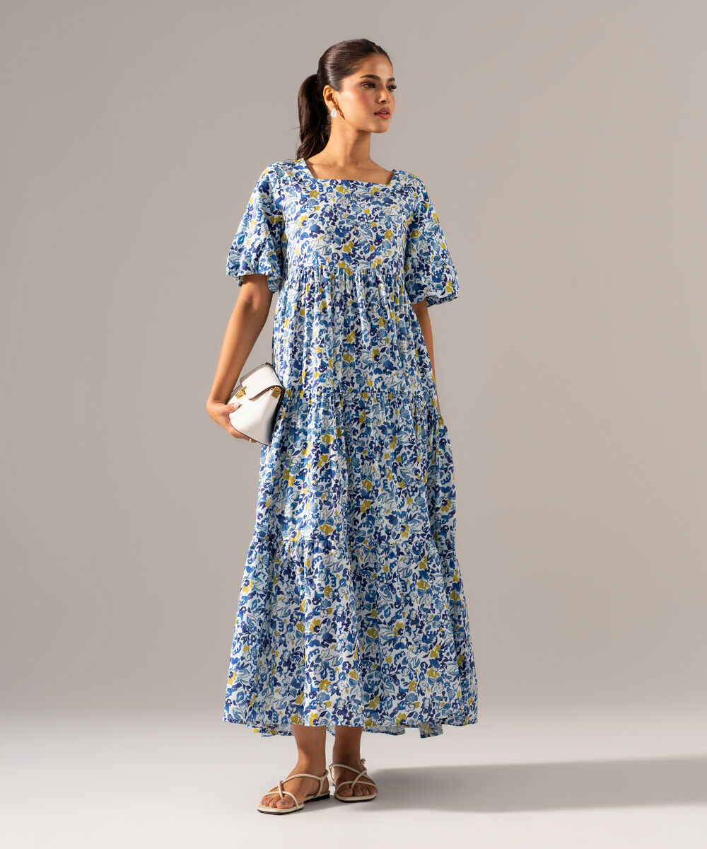 Women's RTW Cotton Viscose Printed Blue Dress