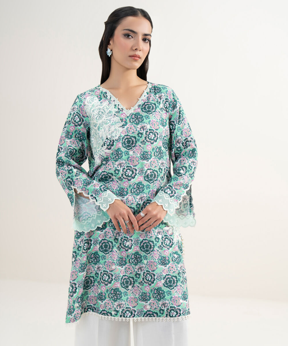 Women's RTW Viscose Raw Silk Embroidered Turquoise Straight Shirt
