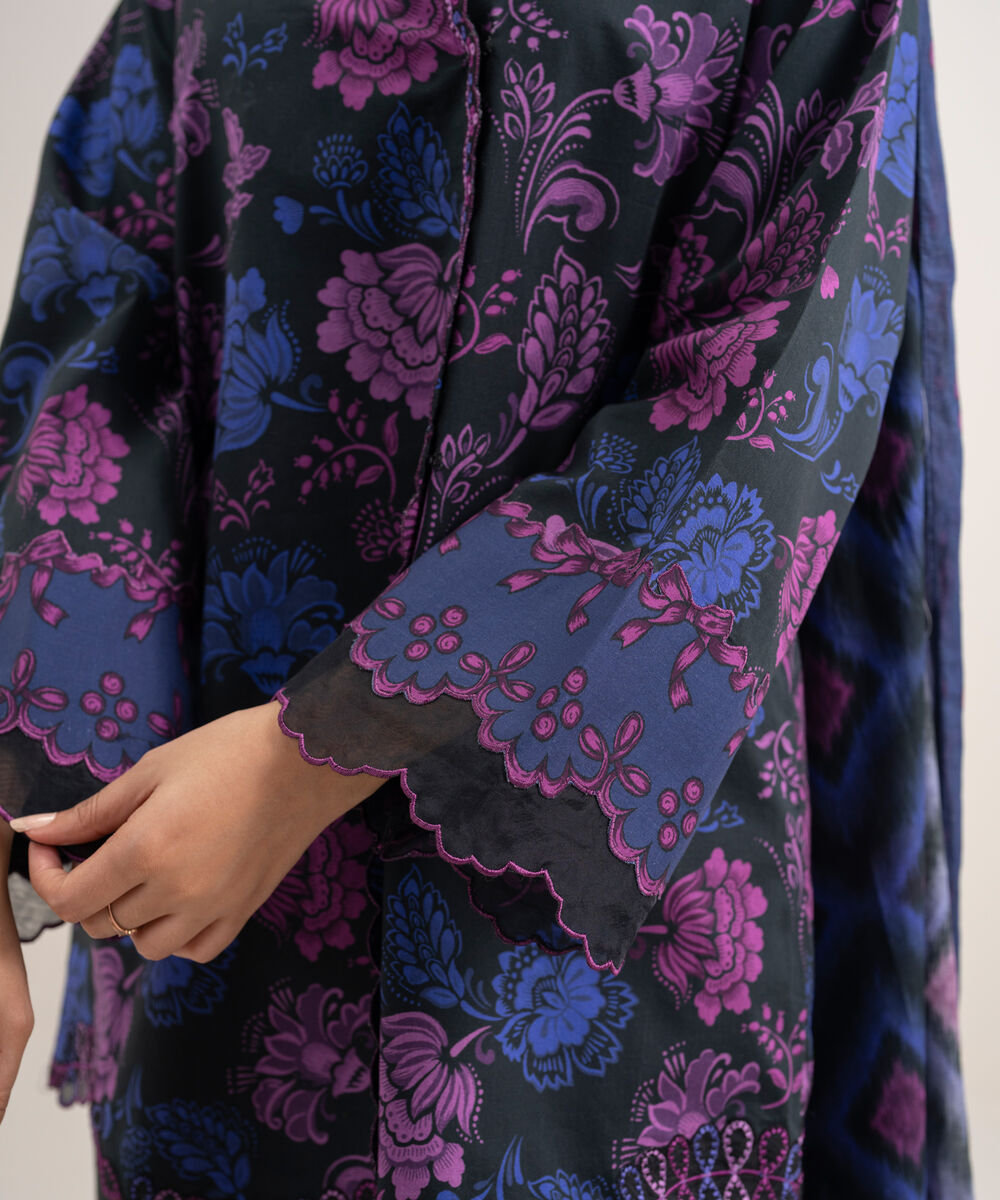 Women's Unstitched Lawn Embroidered Black 2 Piece Suit