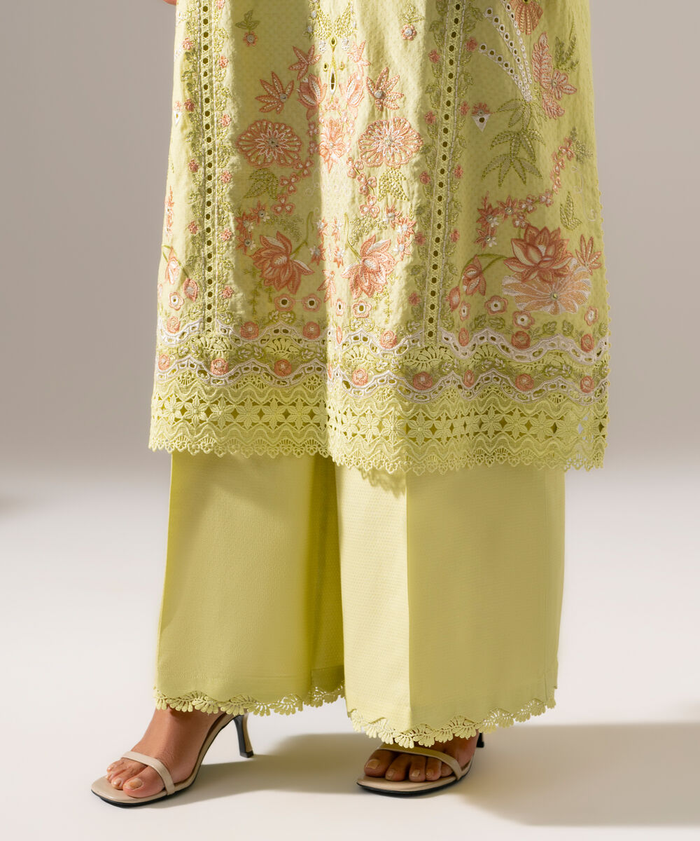 Women's RTW Dobby Solid Embroidered Yellow 3 Piece Suit