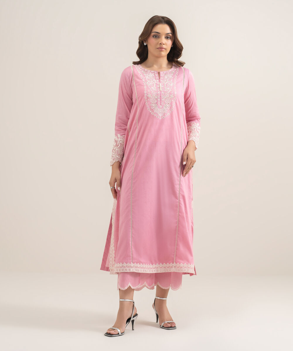 Women's RTW Self Jacquard Embroidered Pink A-Line Shirt