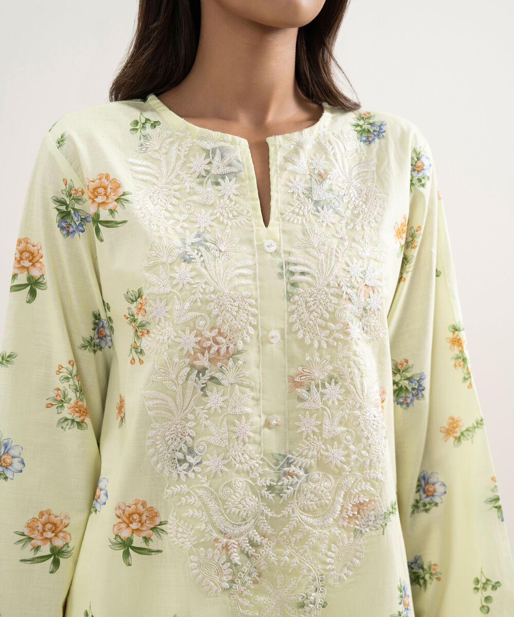 Women's RTW Cotton Viscose Embroidered Lemon Yellow Straight Shirt