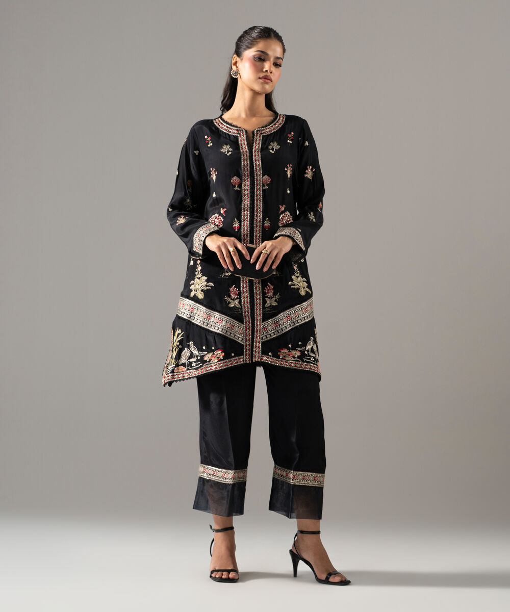 Women's RTW Thai Silk Solid Embroidered Black 2 Piece Suit
