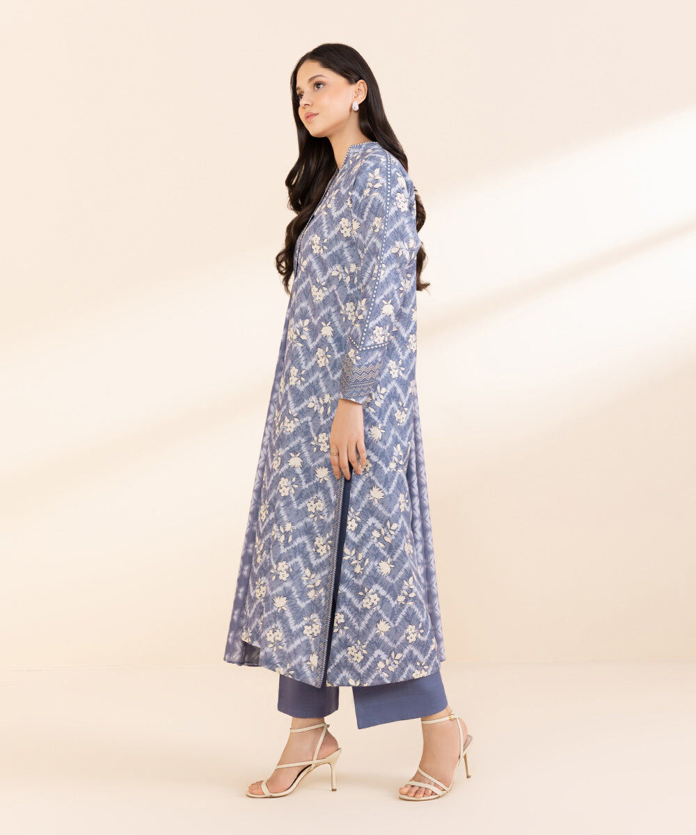 Women's Unstitched Light Khaddar Printed Blue 3 Piece Suit