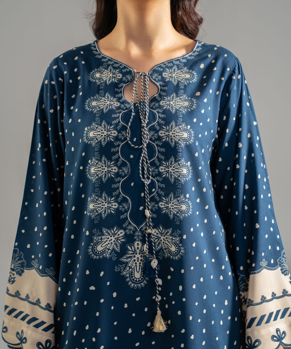 Women's RTW Arabic Lawn Printed Blue Straight Shirt