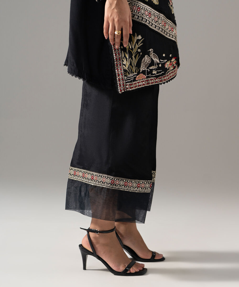 Women's RTW Thai Silk Solid Embroidered Black 2 Piece Suit