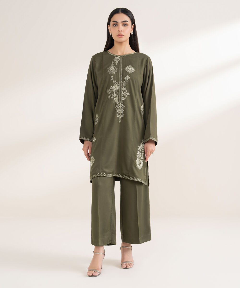 Women's RTW Bedford Embroidered Straight Olive Green Shirt