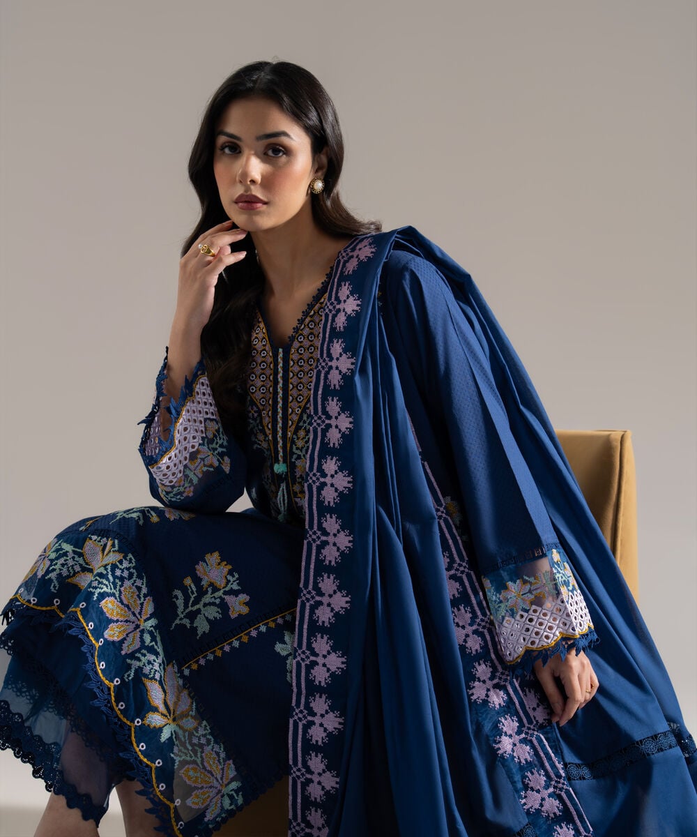 Women's RTW Dobby Solid Embroidered Blue 3 Piece Suit