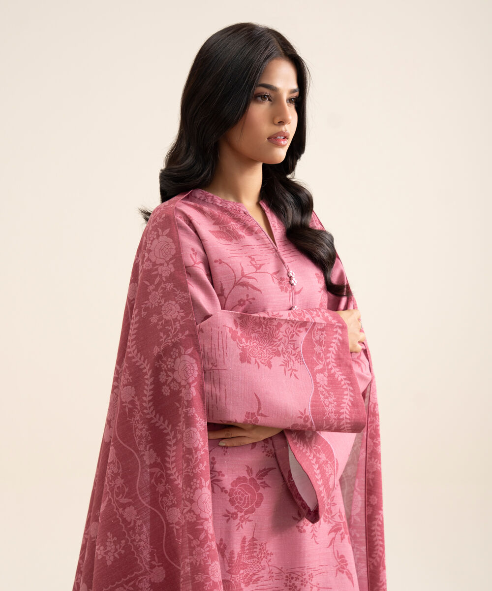Women's Unstitched Light Khaddar Printed Pink 3 Piece Suit