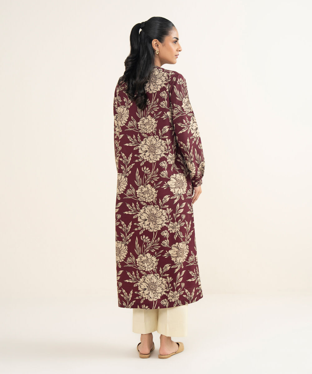 Women's RTW Herringbone Printed Maroon Front Open Jacket