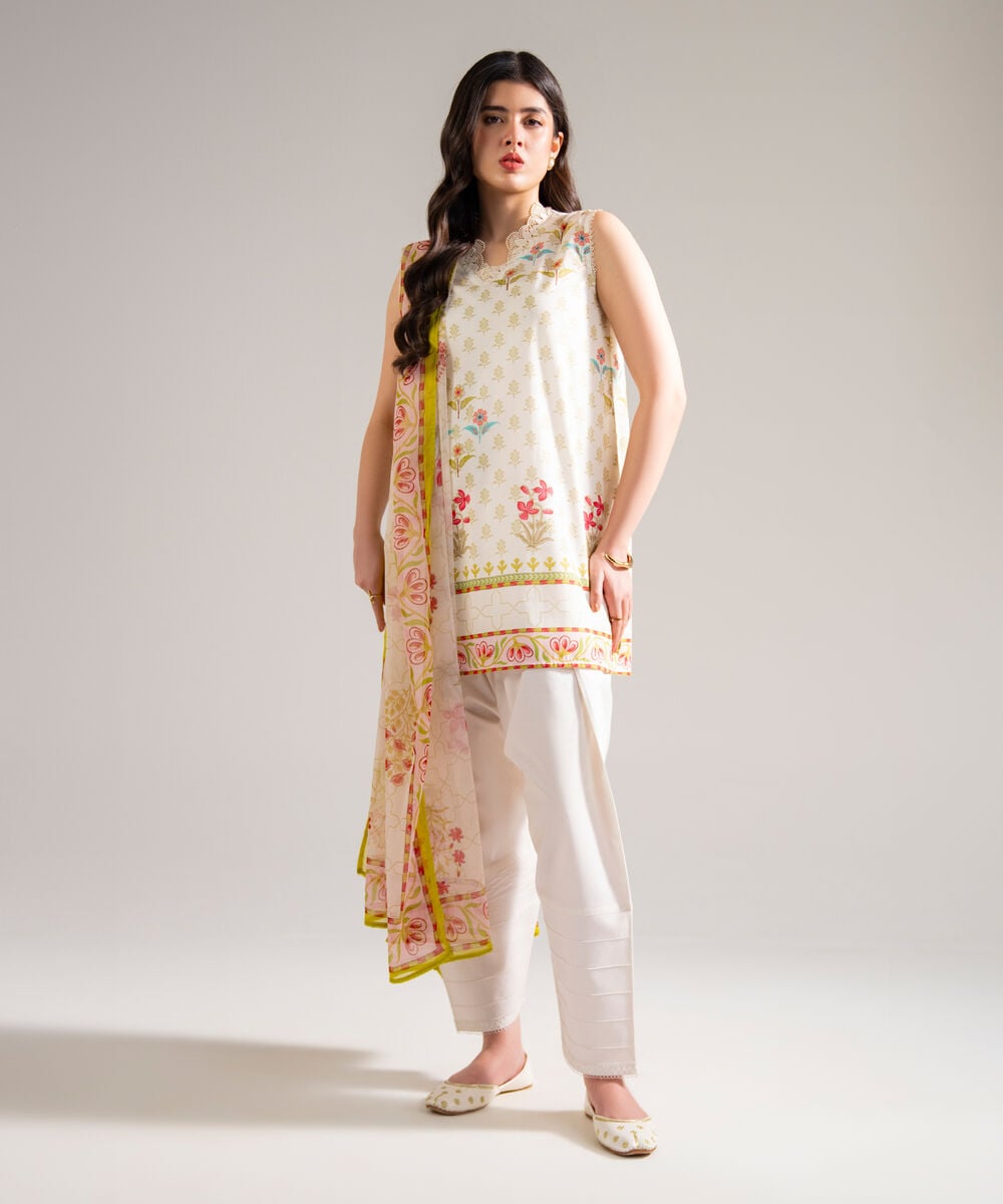 Chiffon Printed Cream White Dupatta