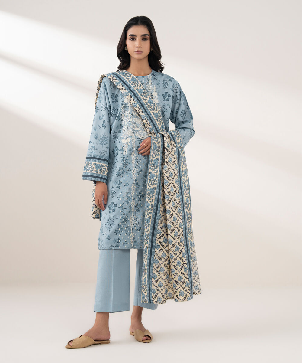 Women's RTW Khaddar Embroidered Blue 3 Piece Suit