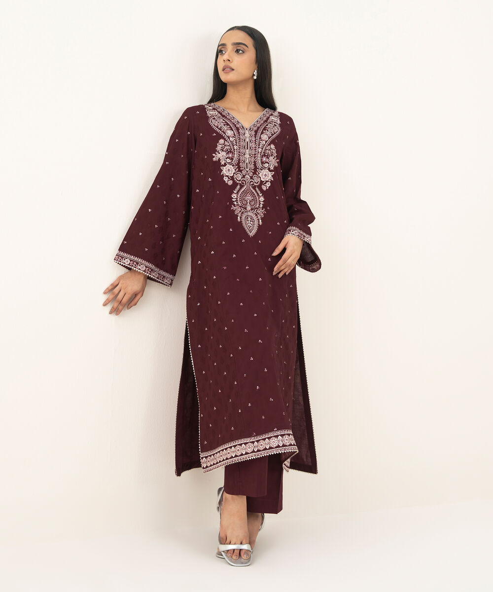 Women's RTW Self Jacquard Leno Embroidered Maroon A-Line Shirt