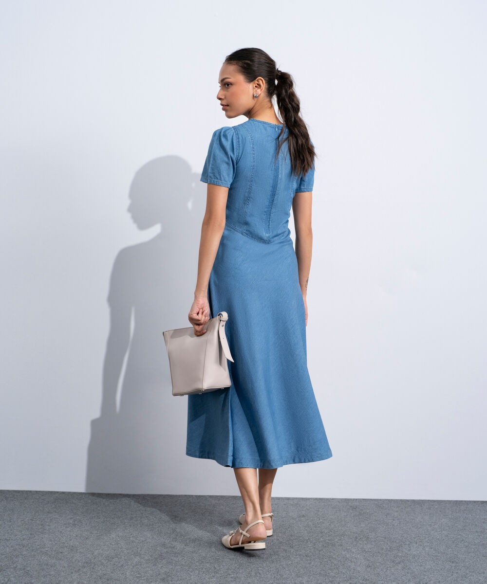 Women's Western Mid Blue Wash Puff Sleeve Denim Dress