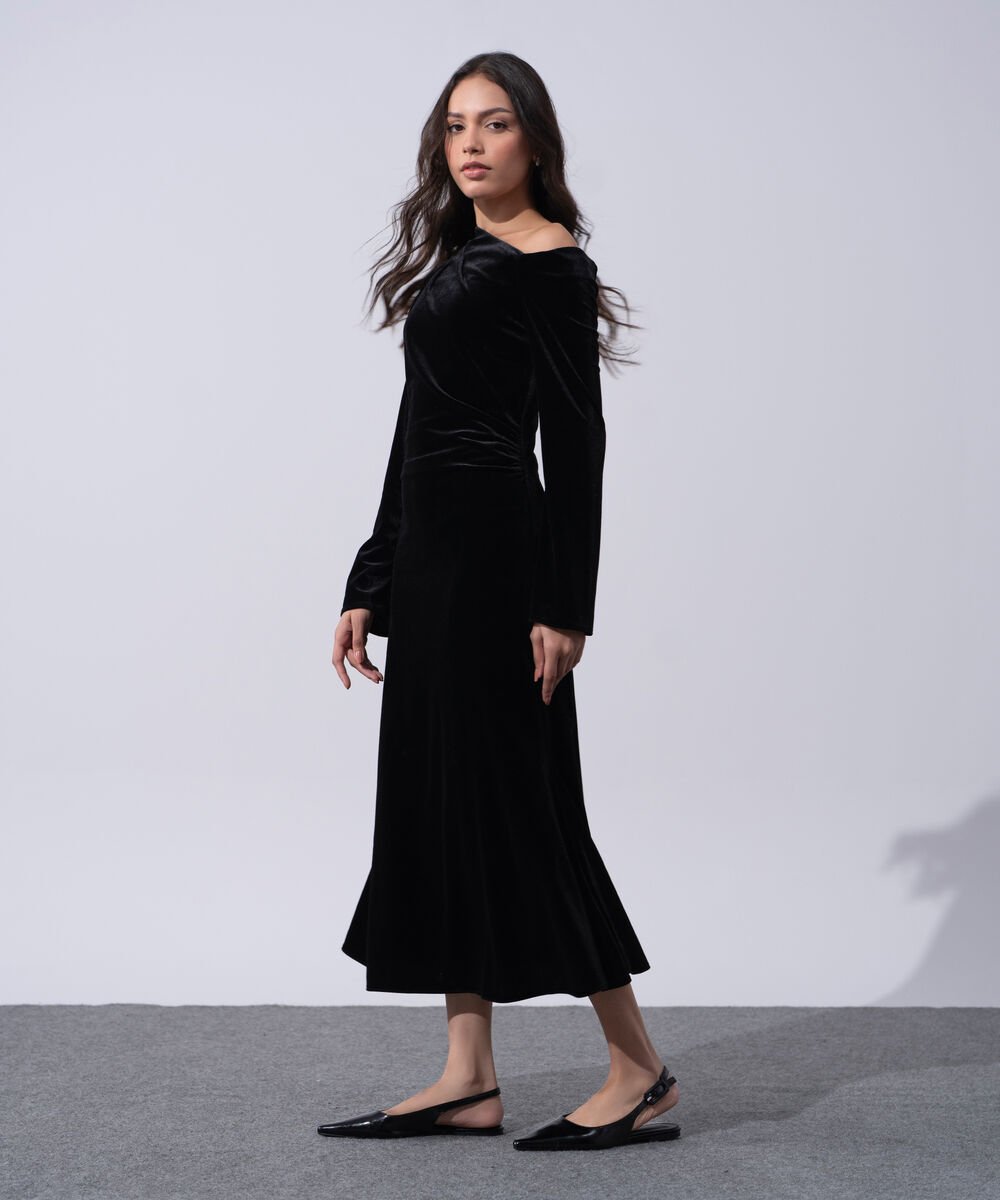 Women's Western Wear Black Polyester Velvet Off-Shoulder Dress