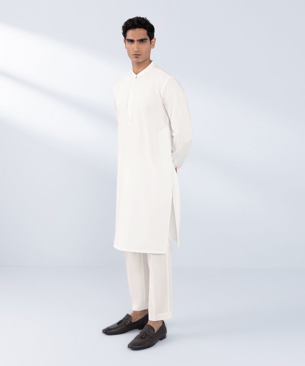 Men's Stitched Embroidered White Wash & Wear Kurta