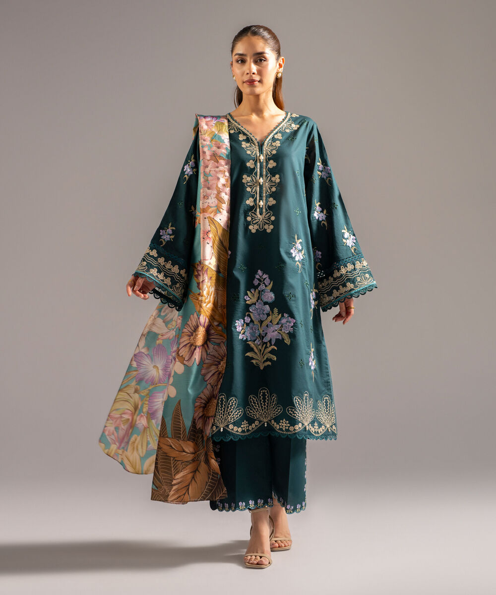 Women's RTW Slub Lawn Embroidered Dark Green 3 Piece Suit