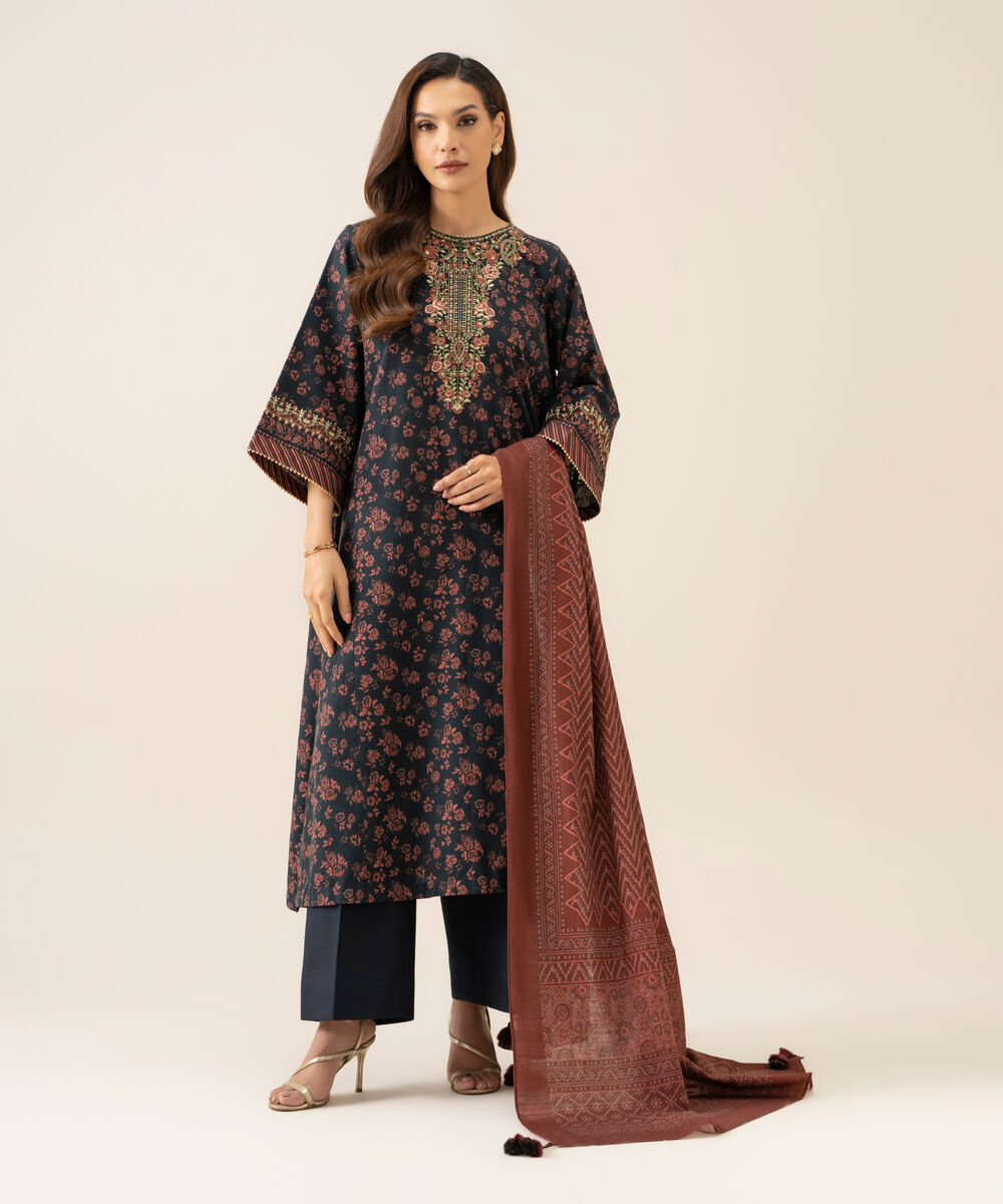 Women's Unstitched Light Khaddar Embroidered Blue 3 Piece Suit