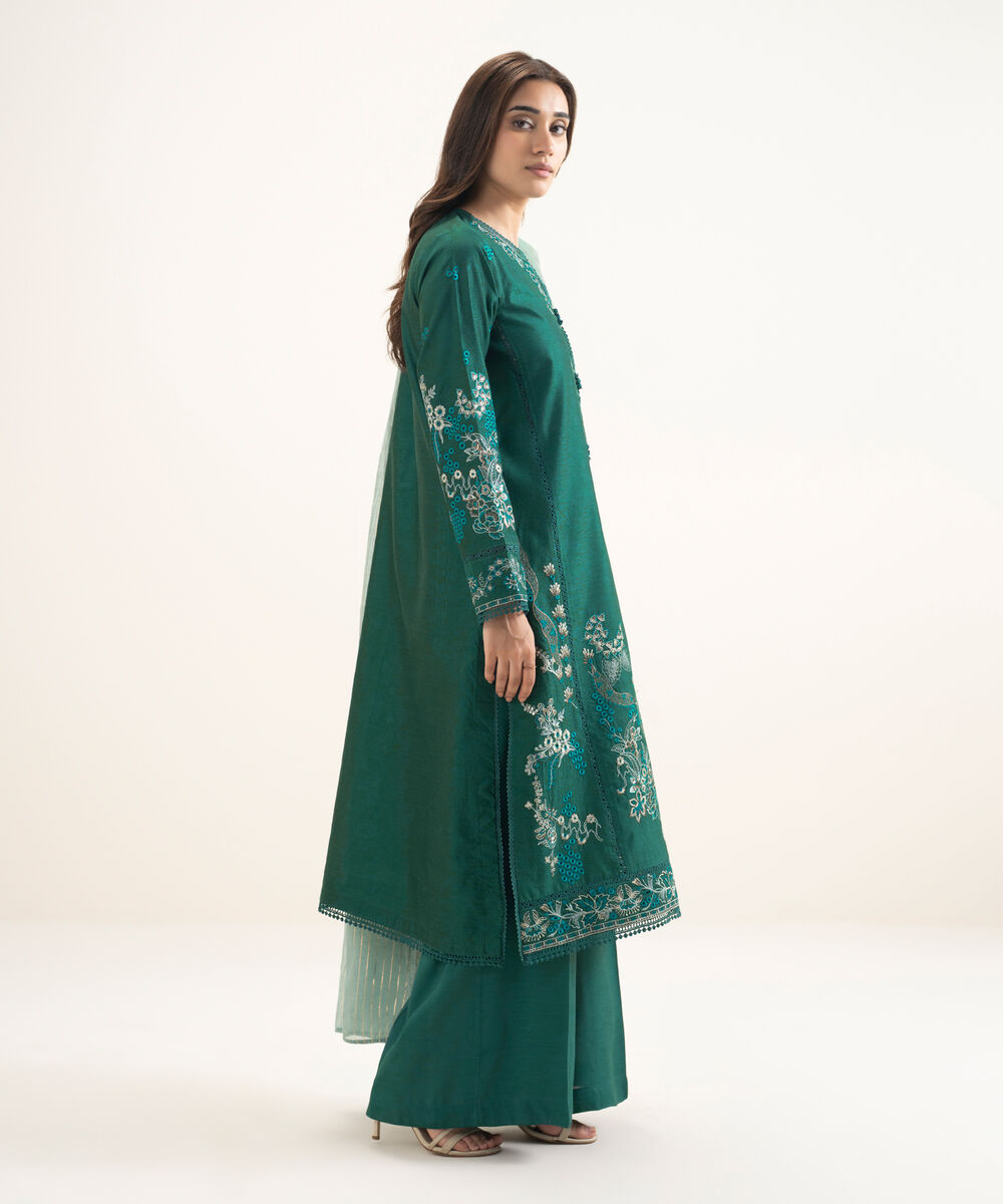 Women's RTW Silk Cotton Net Embroidered Green 3 Piece Suit