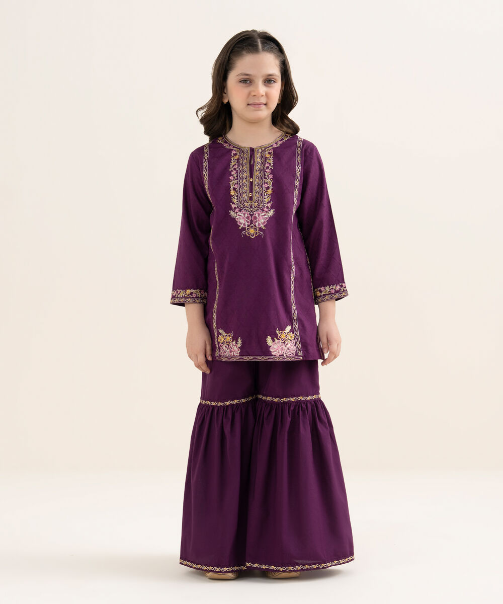 Girl's Self Jacquard Embroidered Purple 2 Piece Suit