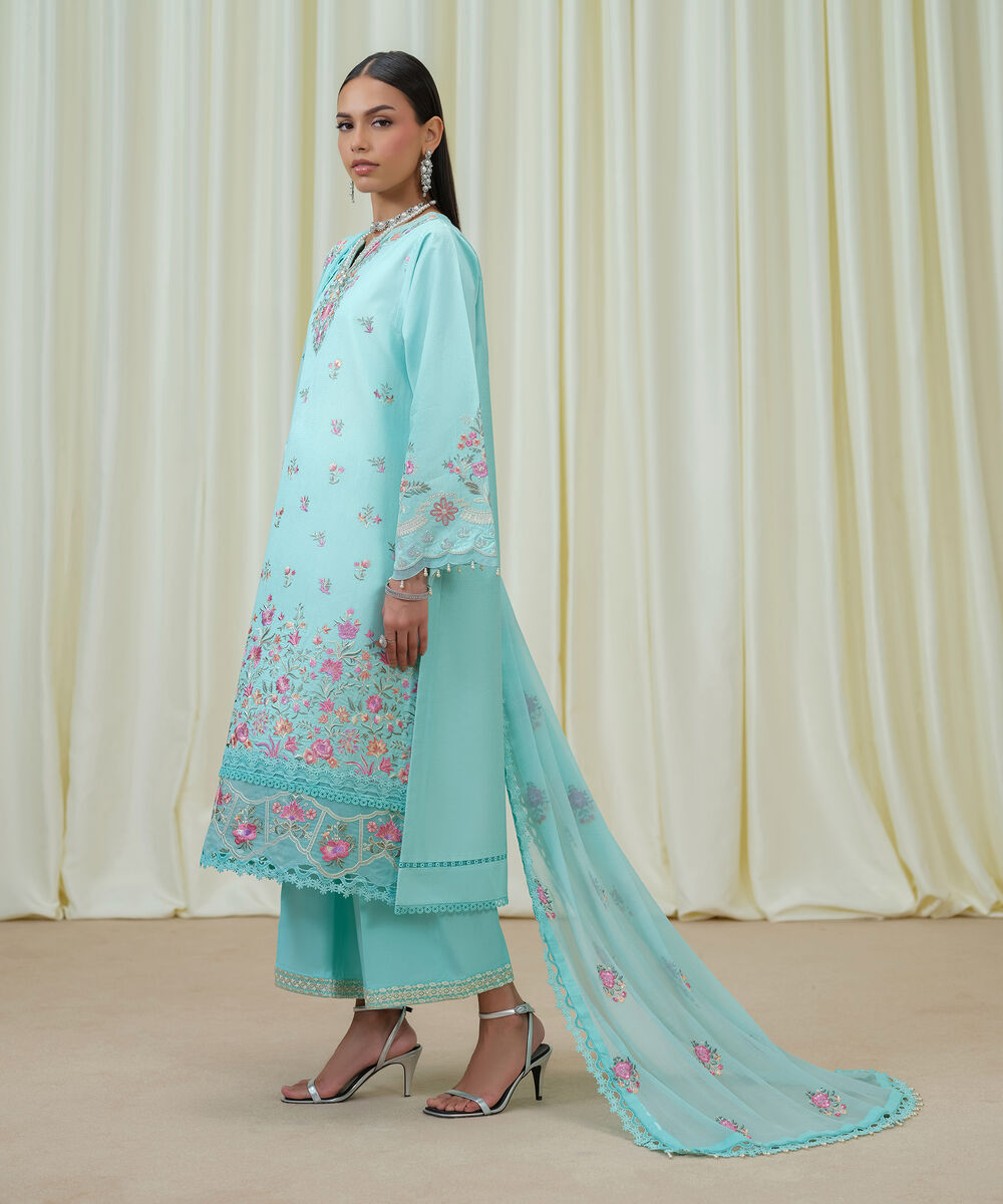 Women's Unstitched Cotton Net Embroidered Blue 3 Piece Suit