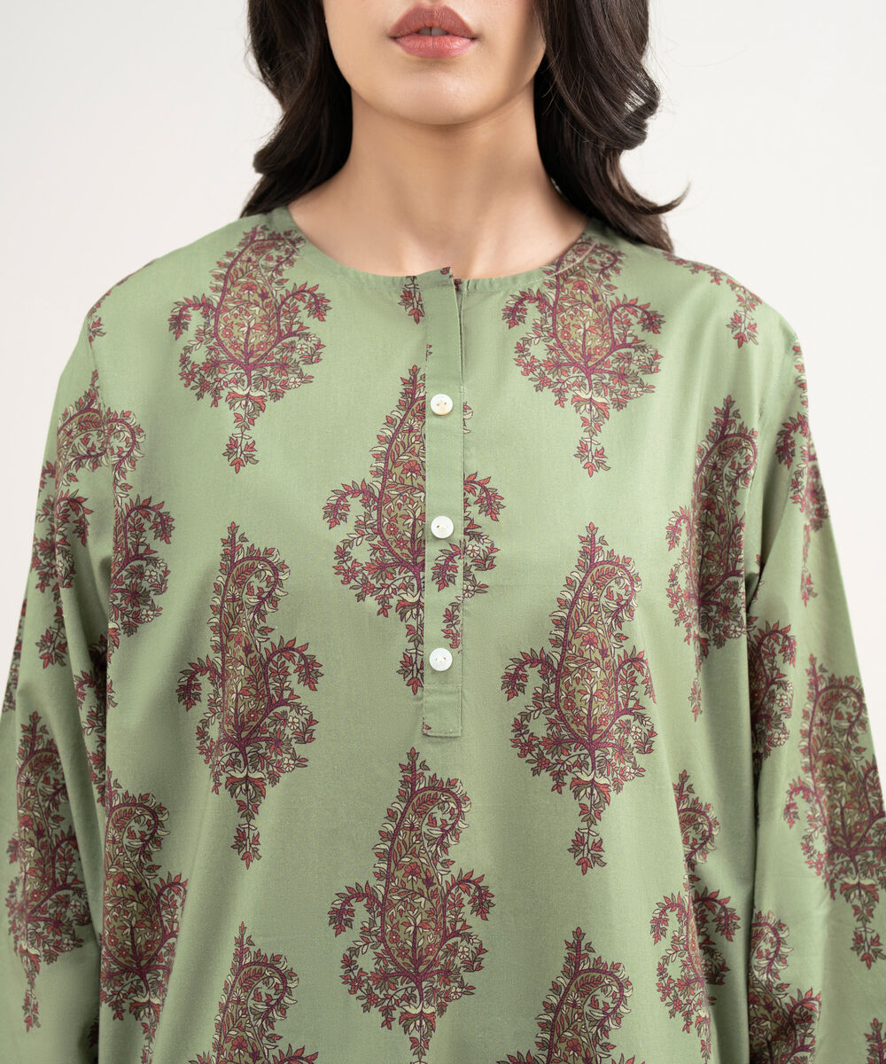 Women's RTW Cambric Printed Green 3 Piece Suit