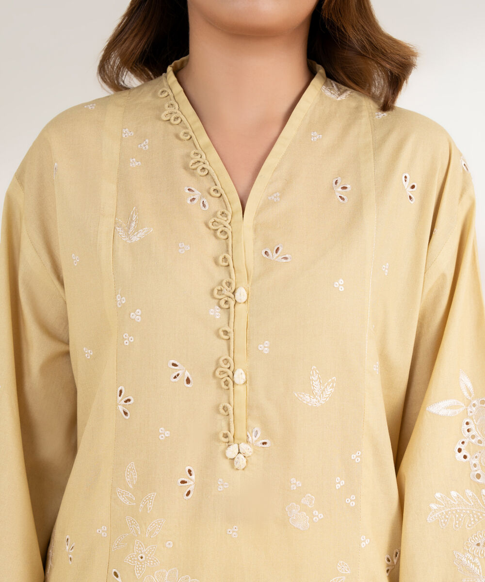 Women's Unstitched Cotton Embroidered Yellow 3 Piece Suit