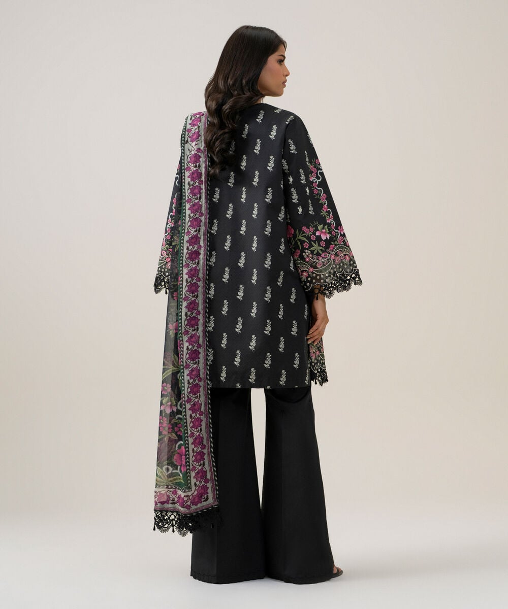 Women's Unstitched Bemberg Tissue Printed Black 3 Piece Suit