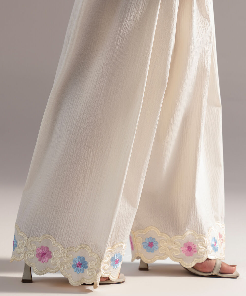 Women's RTW Seersucker Embroidered Off White Farshi Shalwar