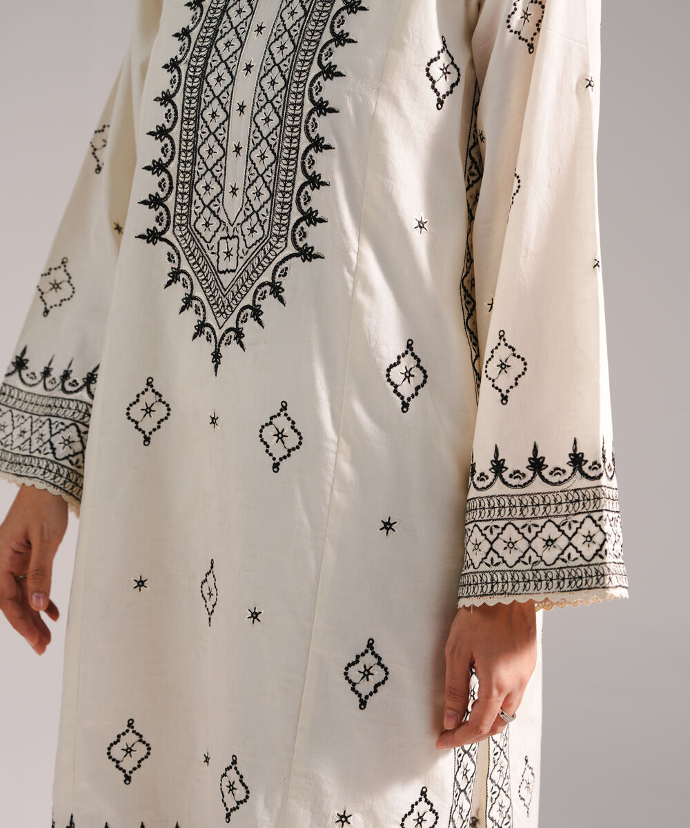 Women's RTW Self Jacquard Embroidered Off White 2 Piece Suit