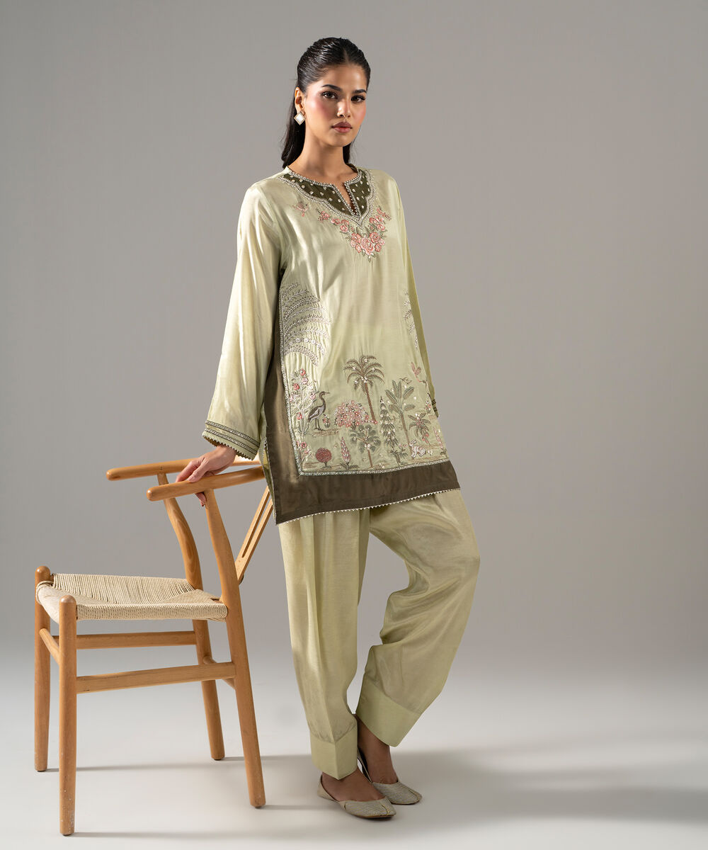 Women's RTW Thai Silk Solid Embroidered Green 2 Piece Suit