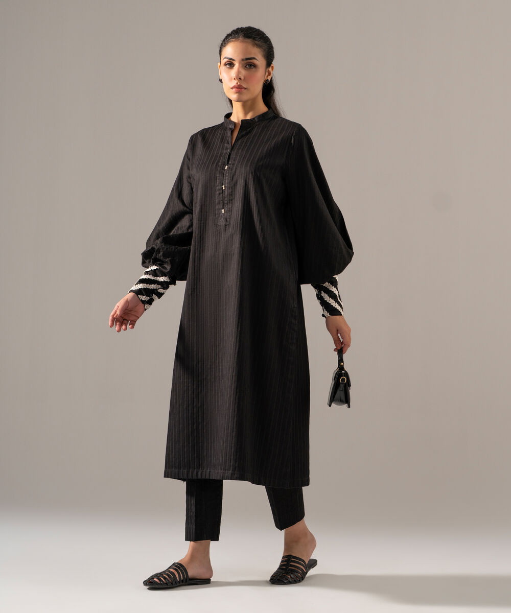 Women's RTW Dobby Strip Solid Black 2 Piece Suit