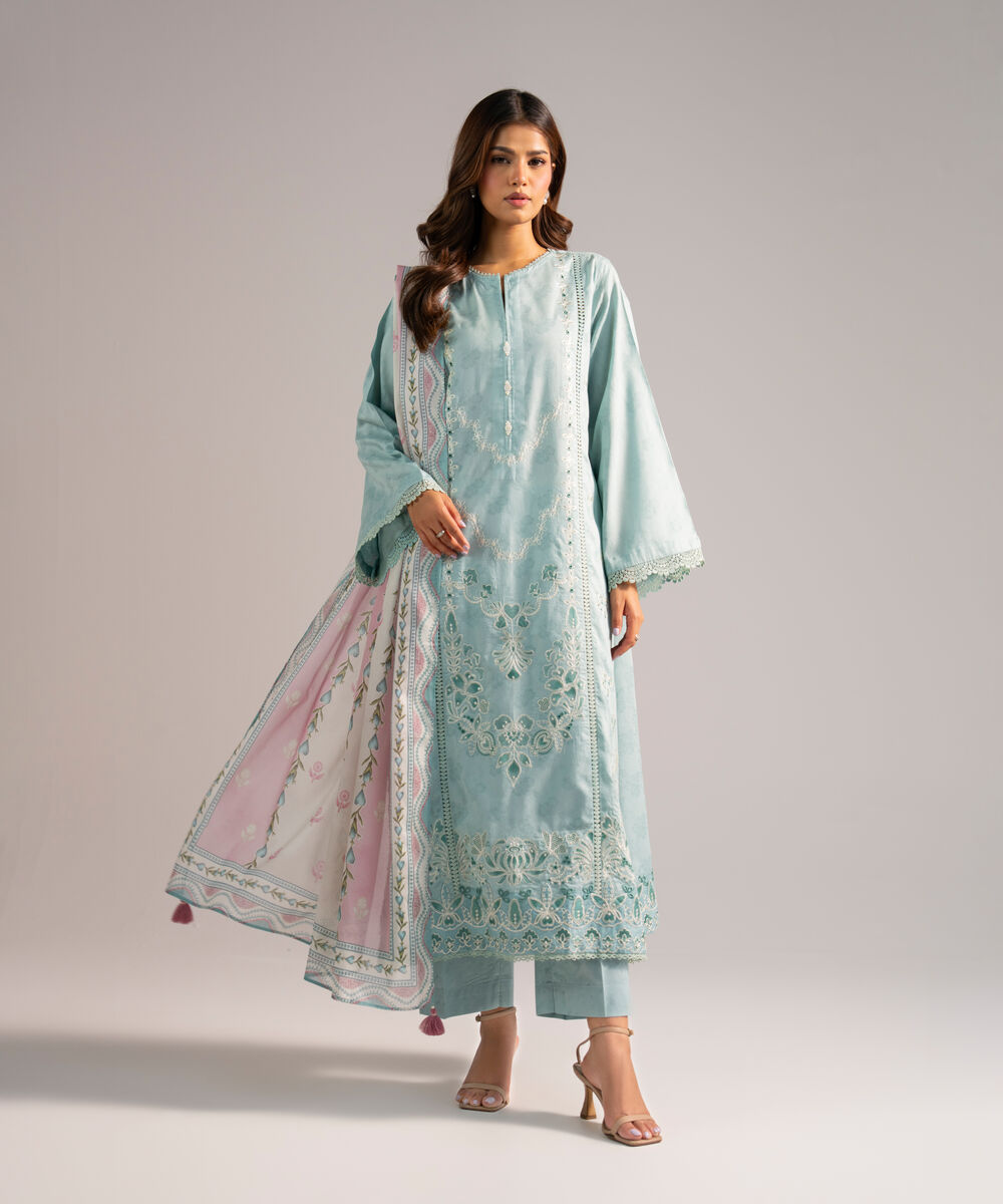 Women's RTW Self Jacquard Embroidered Blue 3 Piece Suit