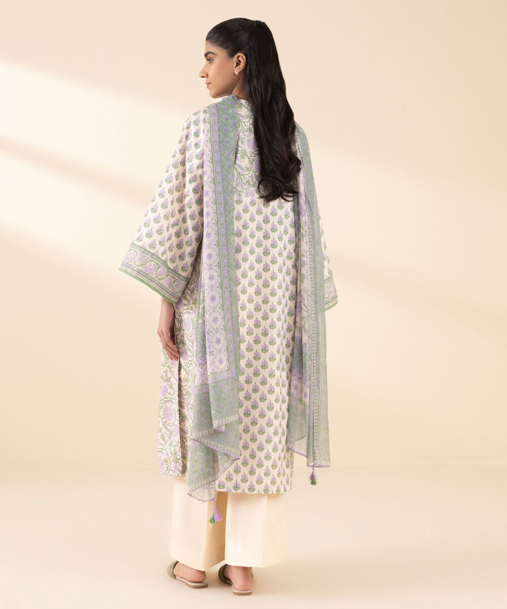 Unstitched Women's Off White Lawn Printed Shirt Dupatta