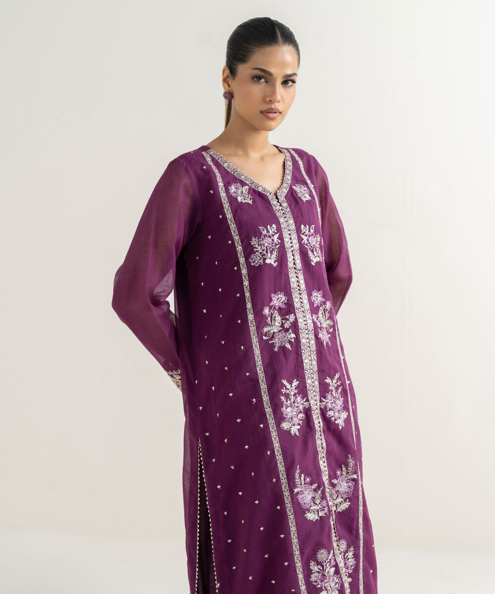 Women's RTW Blended Textured Karandi Embroidered A-Line Purple Shirt