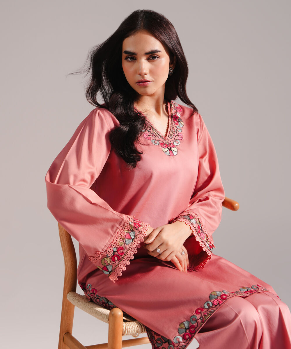 Women's RTW Cotton Satin Embroidered Pink 2 Piece Suit